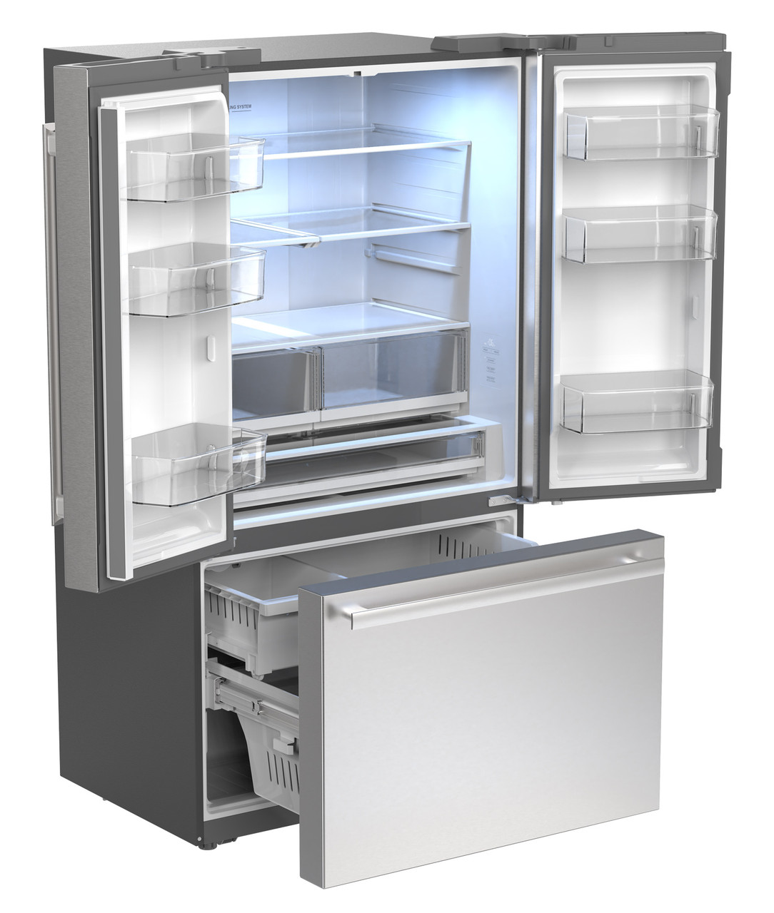 26.5 cu.ft. Counter Depth 36 in. French 3-Door Refrigerator with Internal Water Dispenser in Stainless Steel (SJF2752MS) 3-Quarter Right Opened