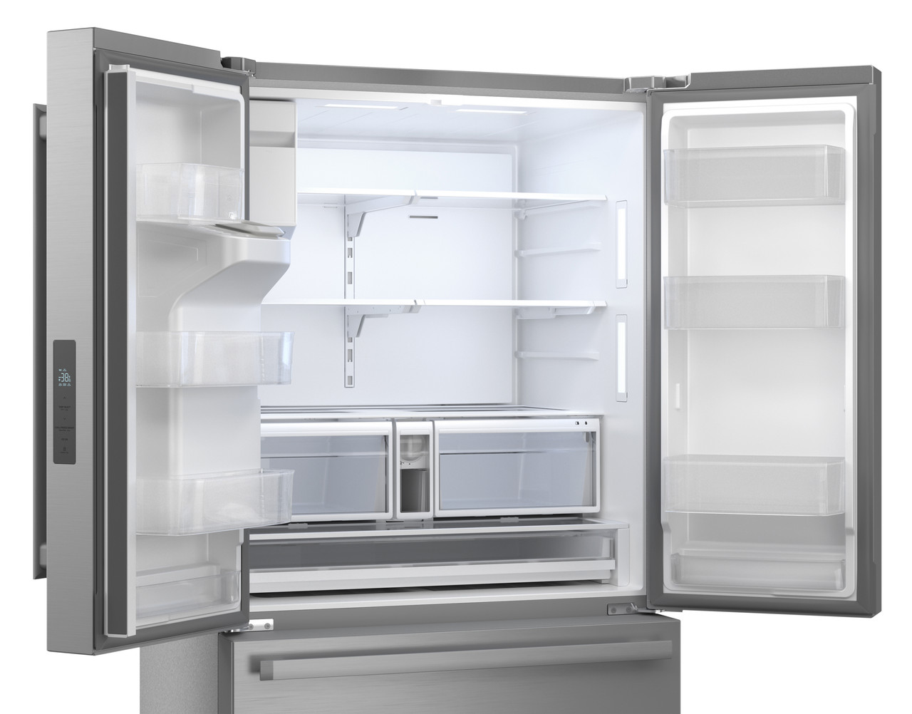28.9 cu.ft. French 3-Door 36 in. Width Standard Depth Refrigerator with Water Dispenser in Stainless Steel (SJF2955MS) 3QR Open