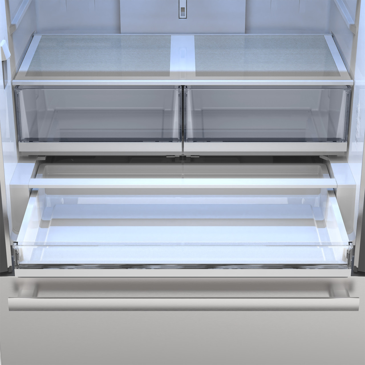26.5 cu.ft. Counter Depth 36 in. French 3-Door Refrigerator with Internal Water Dispenser in Stainless Steel (SJF2752MS) Full Width Pantry Drawer Open