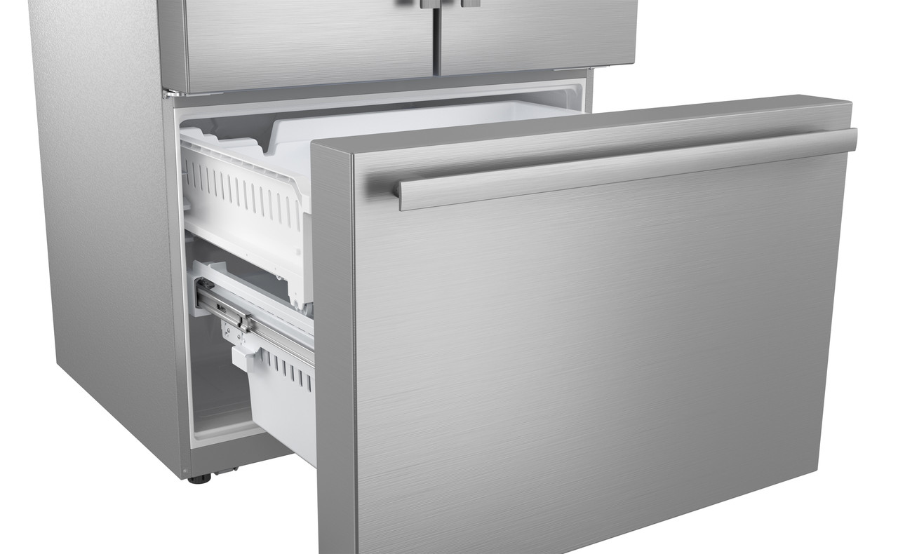 28.9 cu.ft. French 3-Door 36 in. Width Standard Depth Refrigerator with Water Dispenser in Stainless Steel (SJF2955MS) Freezer Drawer Open