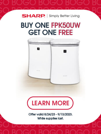 A promotional graphic with two Sharp Plasmacluster Ion Air Purifiers and the words "Buy one FPK50UW, get one free"