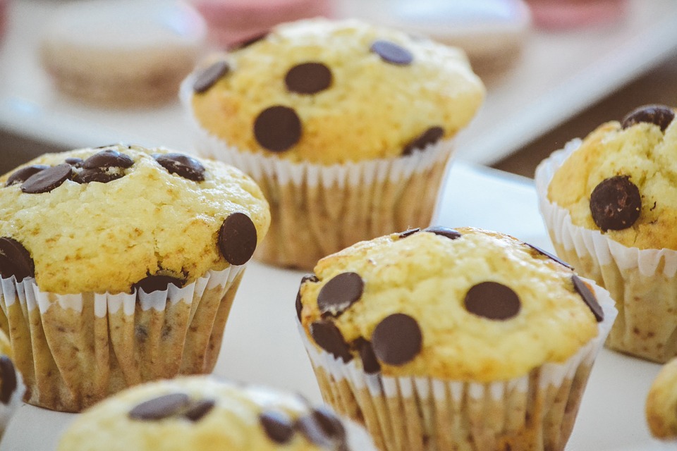 Muffins with chocolate chips next to one another.