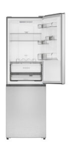 Sharp 24 in. Bottom-Freezer Counter-Depth Refrigerator (SJB1255GS) Head On, Refrigerator Door Open