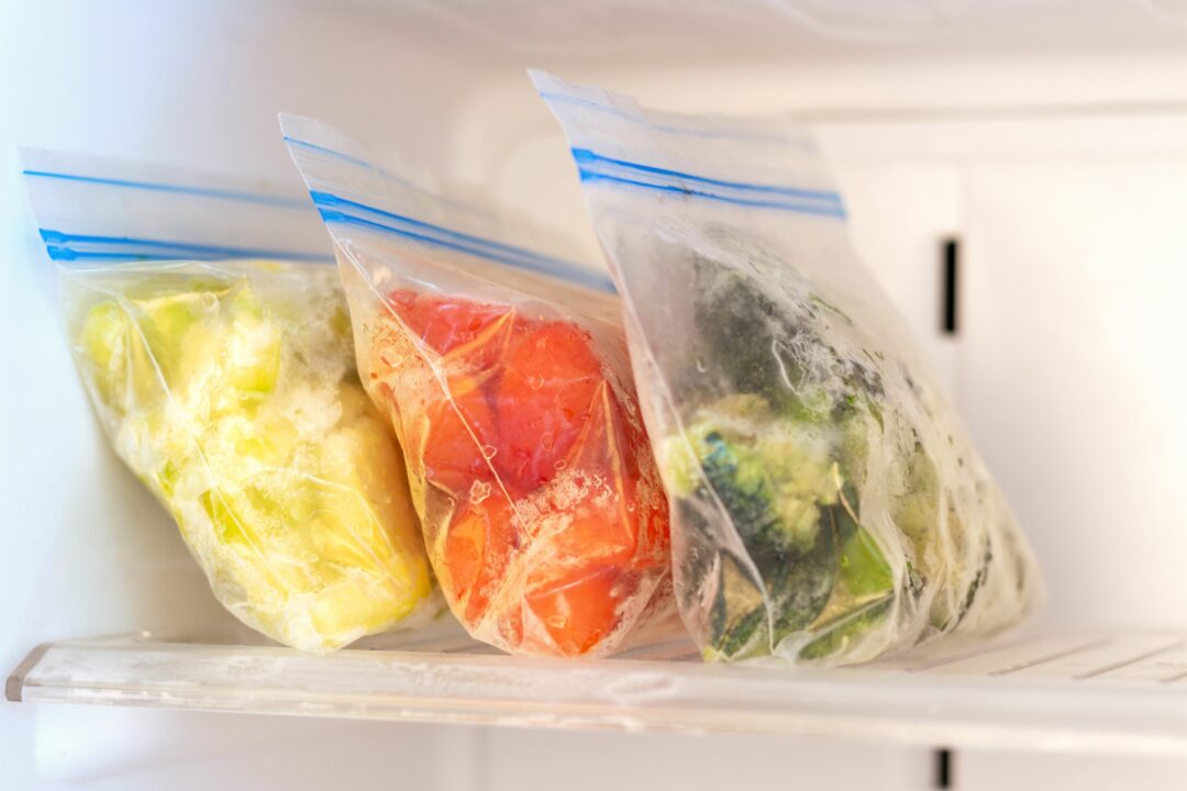 bags of food in a fridge