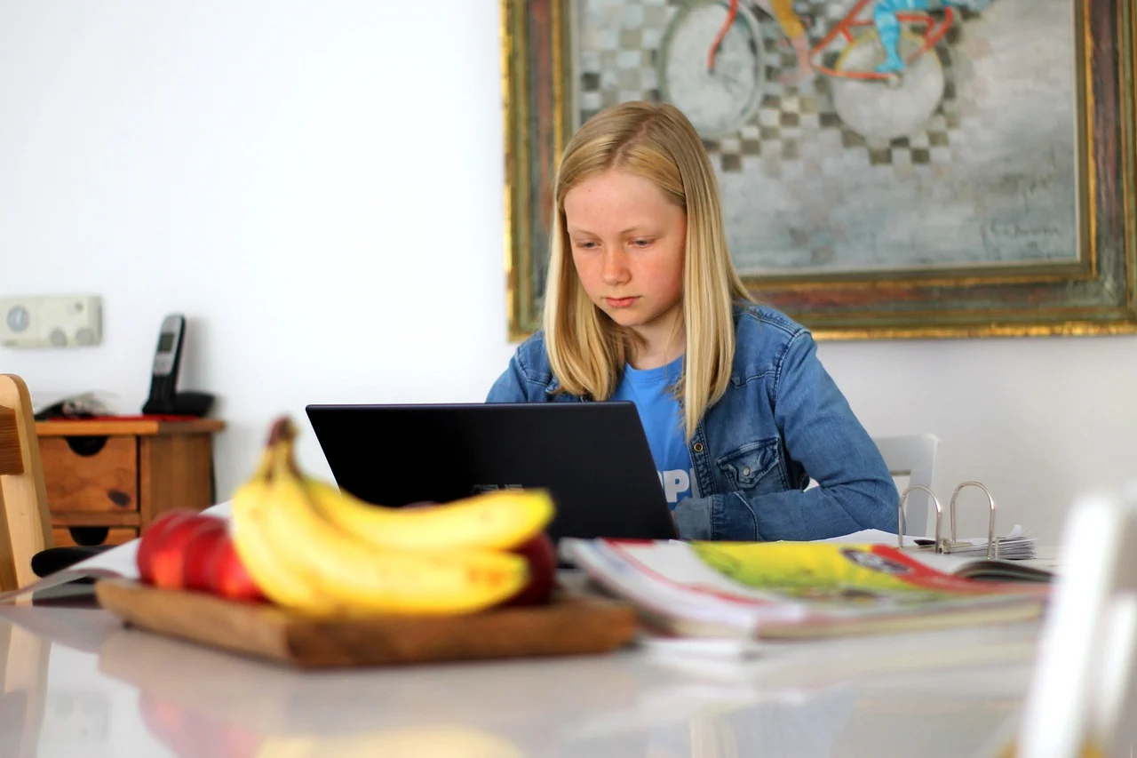 child learning virtually on a laptop