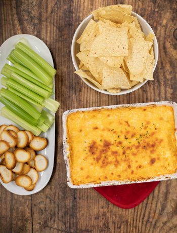 buffalo chicken dip with chips and veggies