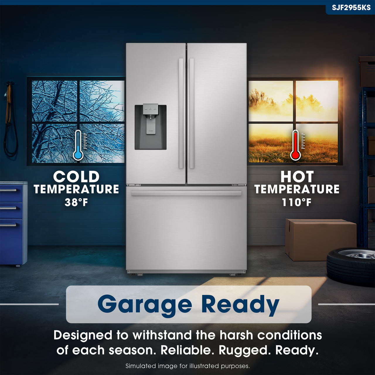 Sharp French 3-Door Refrigerator with Water Dispenser (SJF2955KS) Garage Ready Infographic