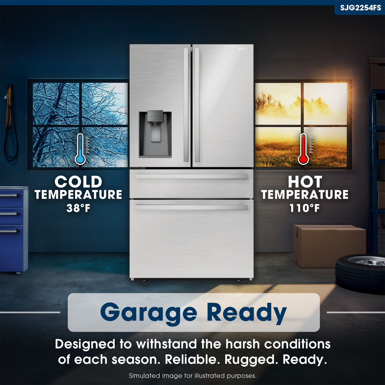 French 4-Door Counter-Depth Refrigerator with Water Dispenser (SJG2254FS) Garage Ready Infographic