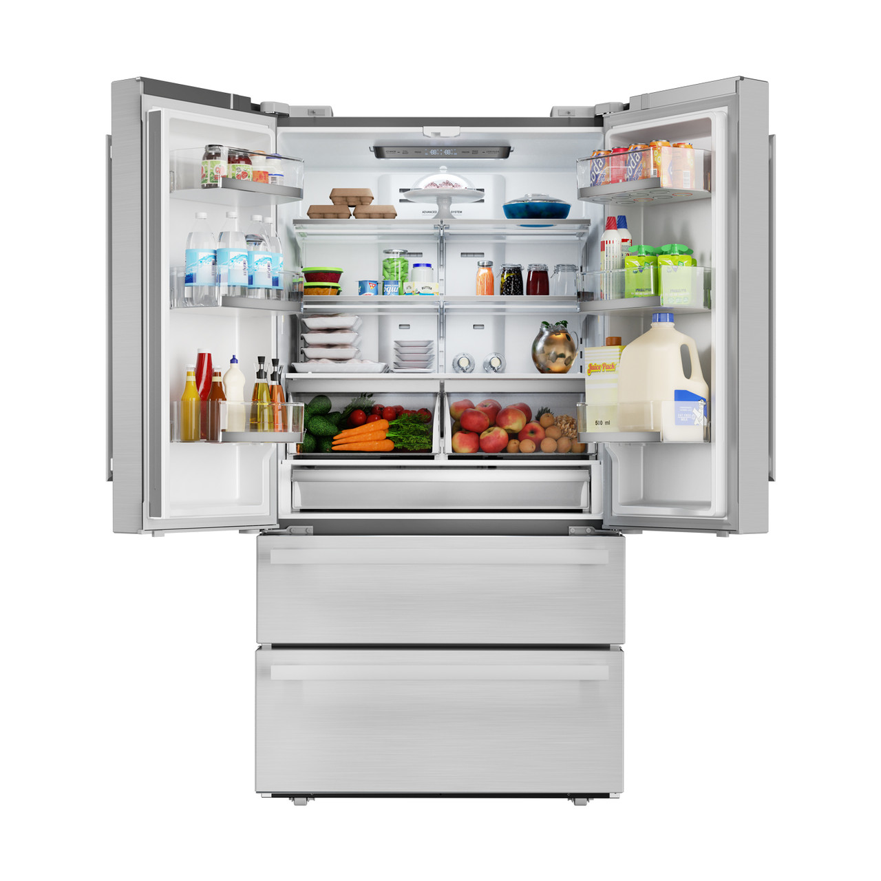 Sharp French 4-Door Counter-Depth Refrigerator (SJG2351FS) head on with food