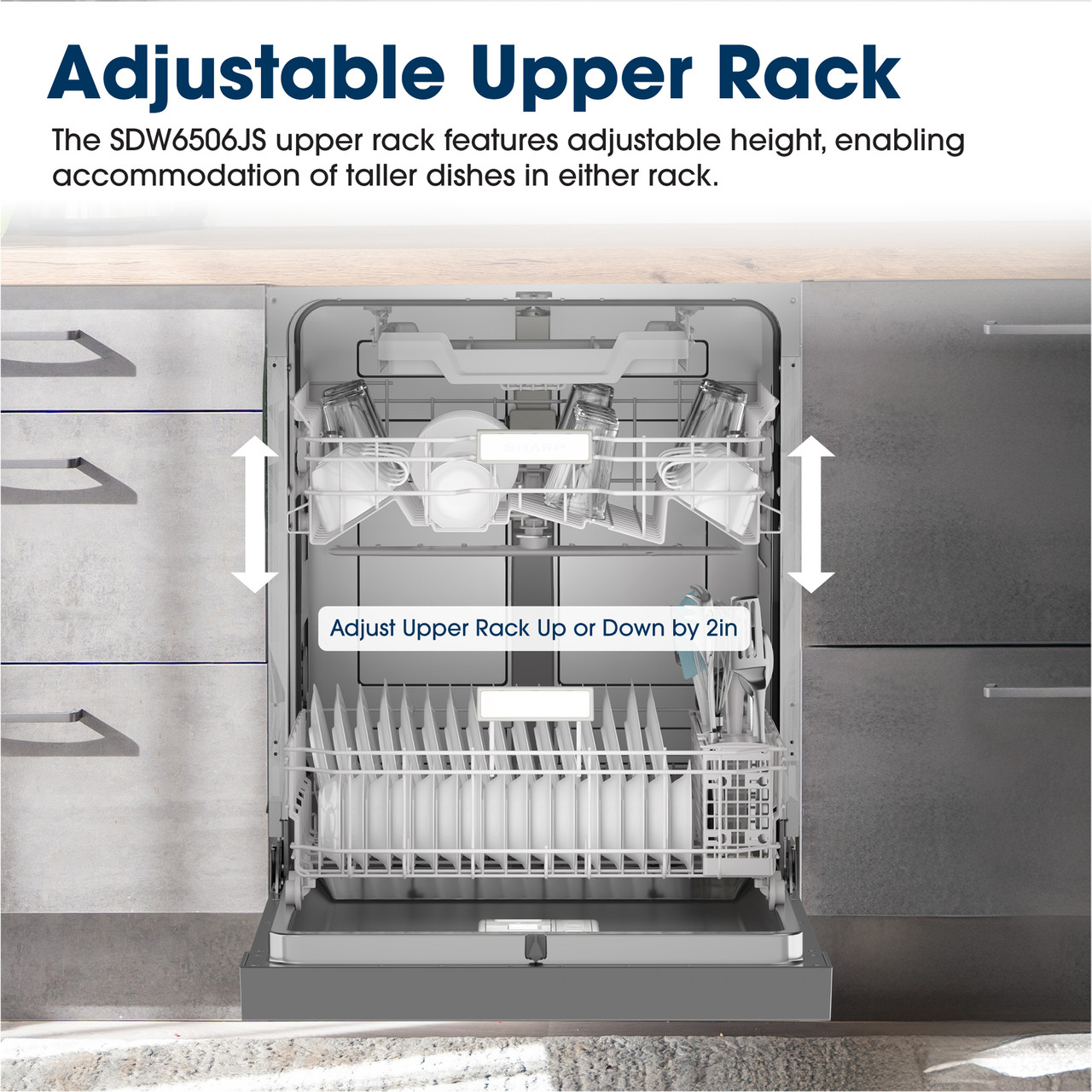 Adjustable Upper Rack
The SDW6747GS upper rack features adjustable height, enabling accommodation of taller dishes in either rack.