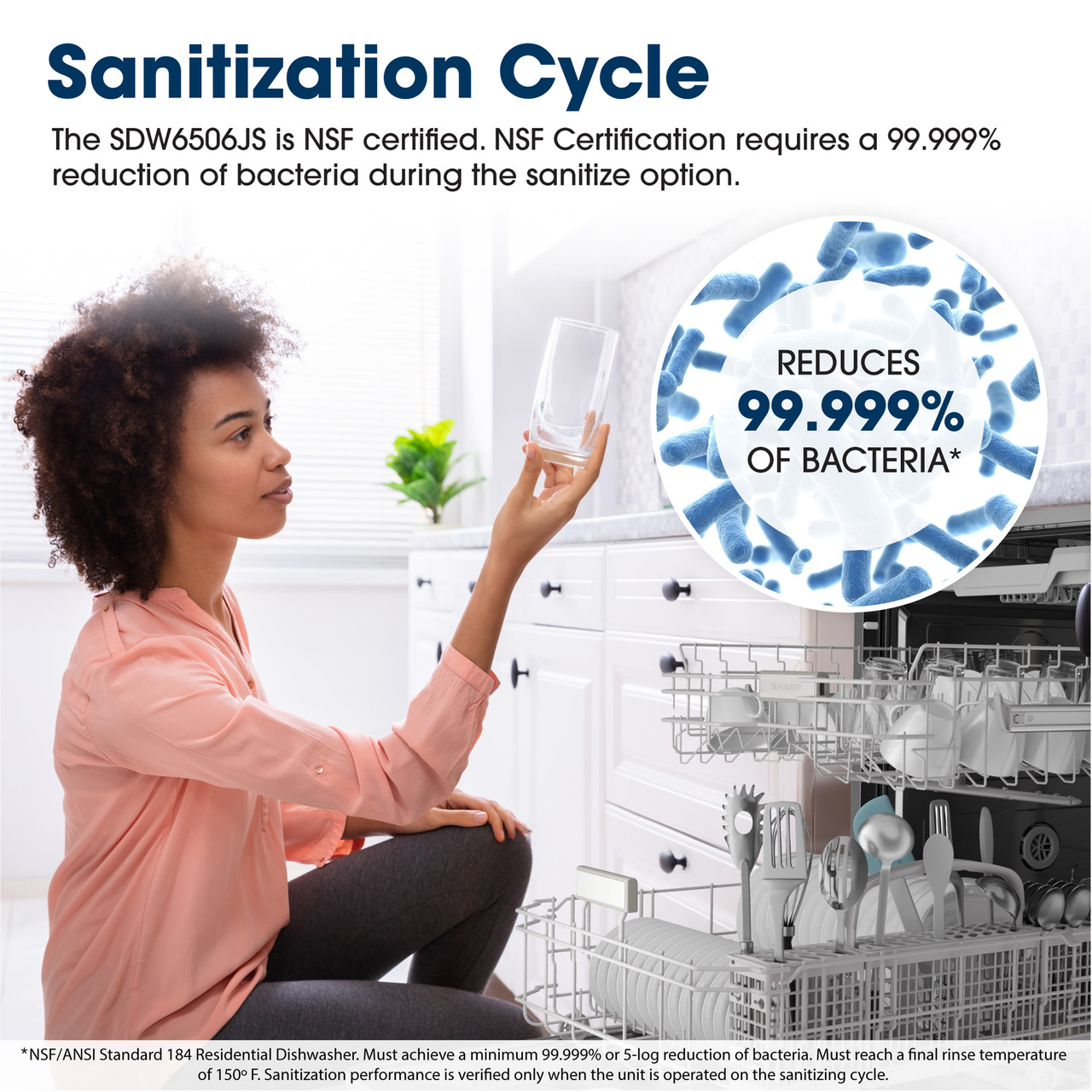 Sanitization Cycle
The SDW6506JS is NSF certified. NSF Certification requires a 99.999% reduction
of bacteria during the sanitize option.
REDUCES
99.999%
OF BACTERIA*
BERTEE
*NSF/ANSI Standard 184 Residential Dishwasher. Must achieve a minimum
99.999% or 5-log reduction of bacteria. Must reach a final rinse temperature of
150° F. Sanitization performance is verified only when the unit is operated on the
sanitizing cycle.