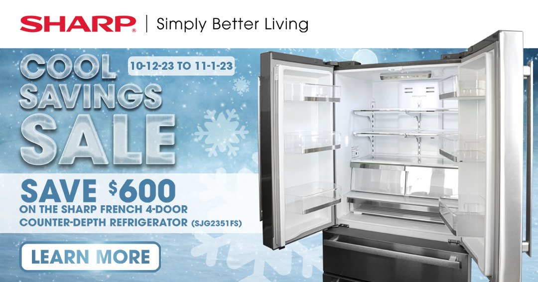 Graphic for Sharp's Cool Savings Sale of the Sharp French 4-Door Counter-Depth Refrigerator (SJG2351FS)