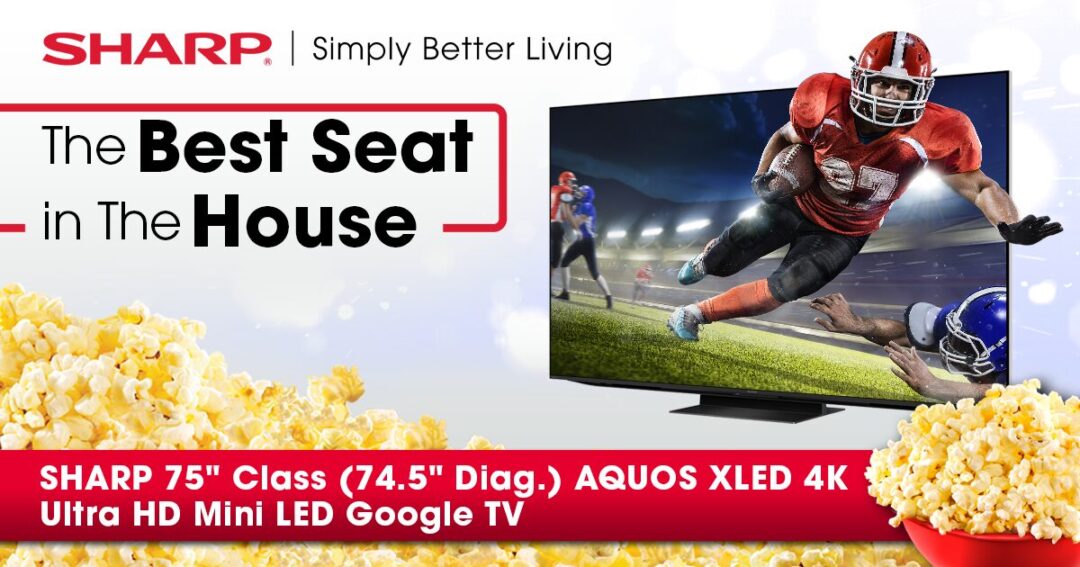 Football player coming out of the screen of a Sharp XLED 75inch Google TV