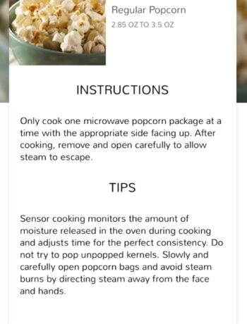 The Sharp Kitchen App screen for cooking popcorn