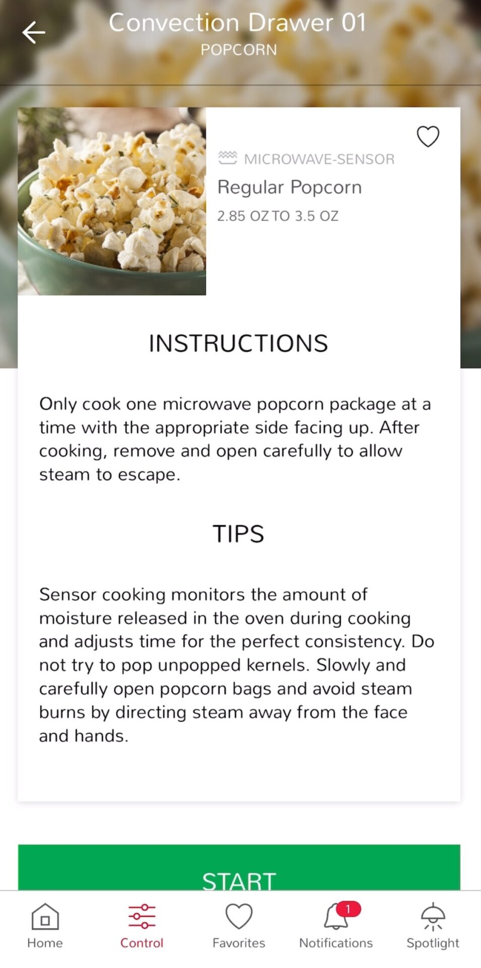 The Sharp Kitchen App screen for cooking popcorn