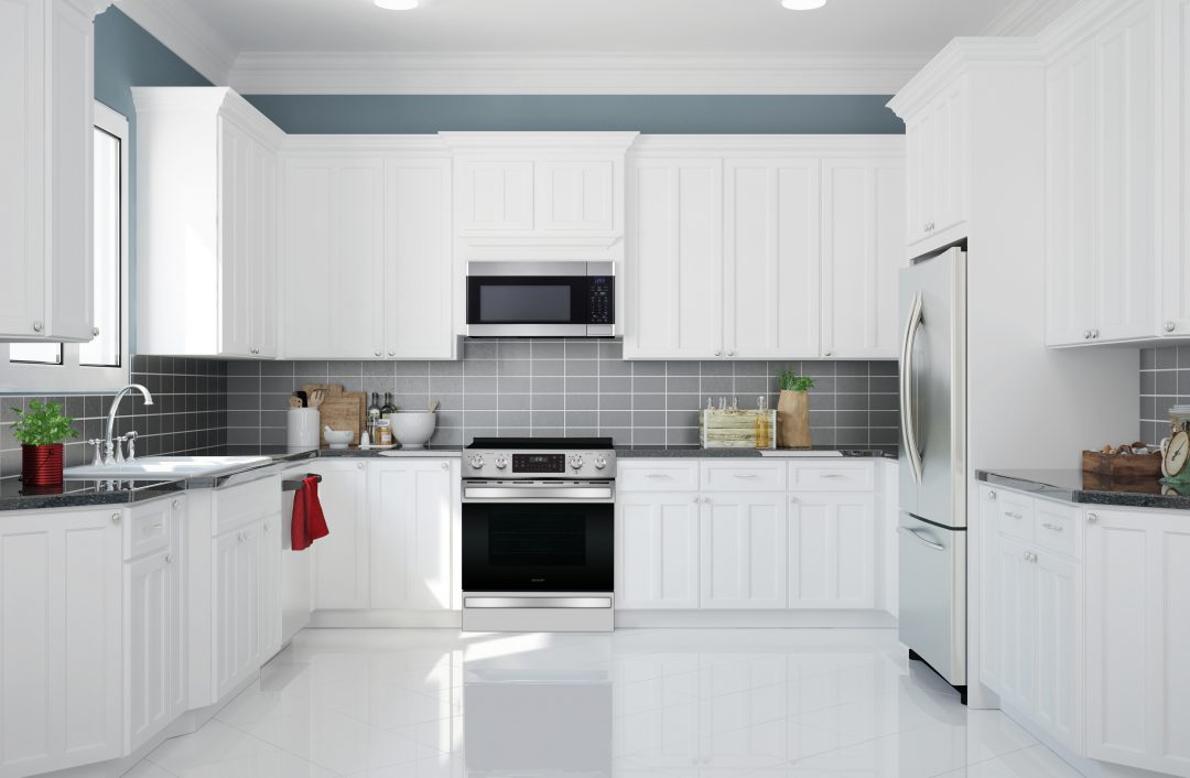 White kitchen design with grey backsplash.