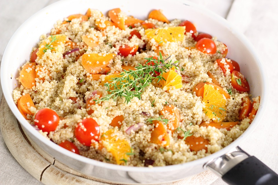 Meatless Quinoa in a pan on a hot plate.
