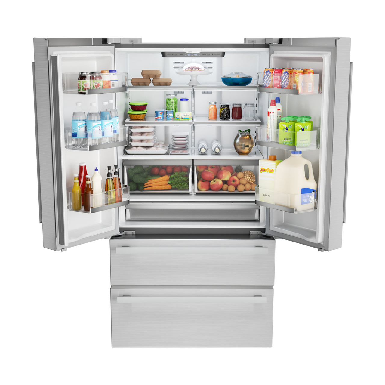 Sharp French 4-Door Counter-Depth Refrigerator (SJG2351FS) interior with food