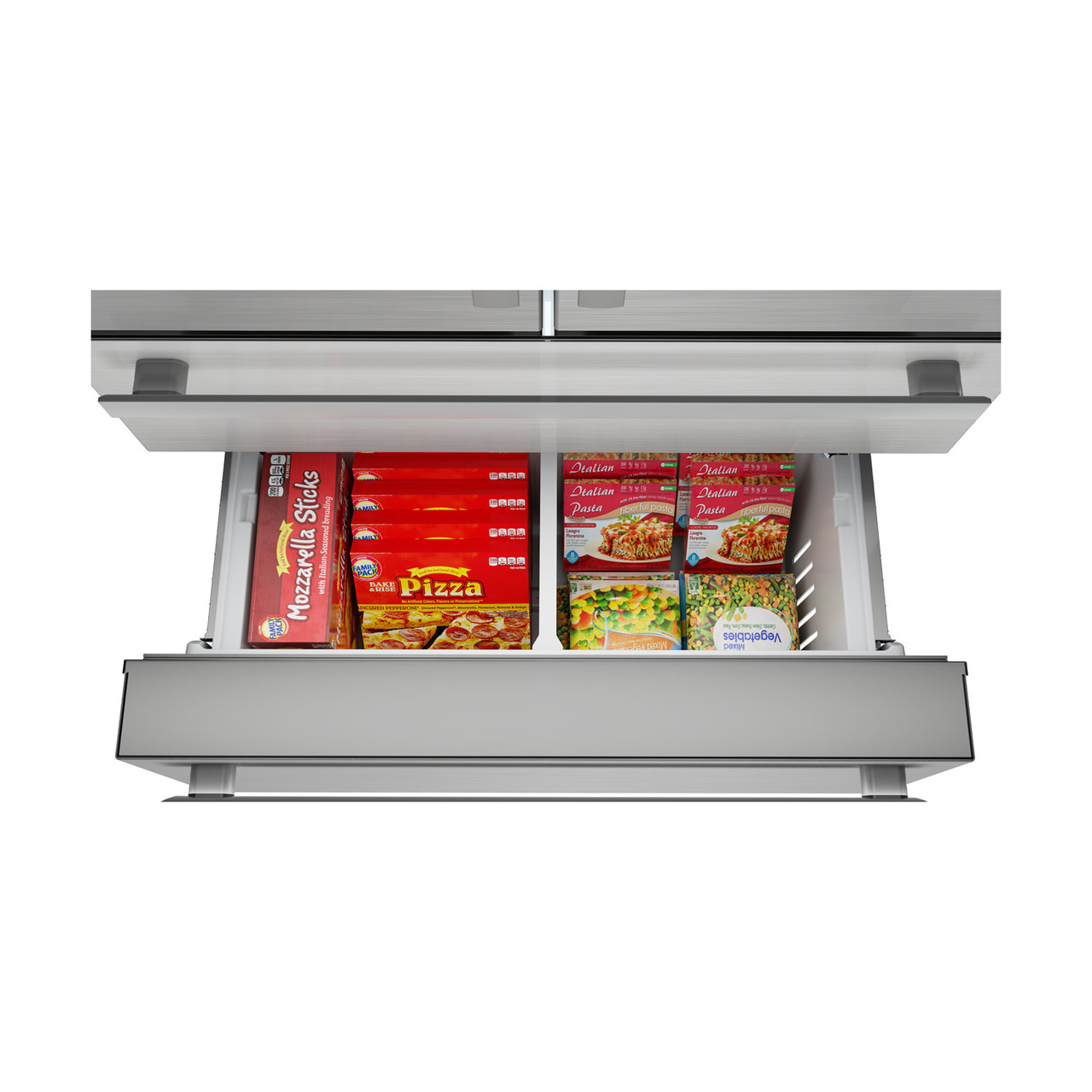 Sharp French 4-Door Counter-Depth Refrigerator (SJG2351FS) bottom freezer drawer with food
