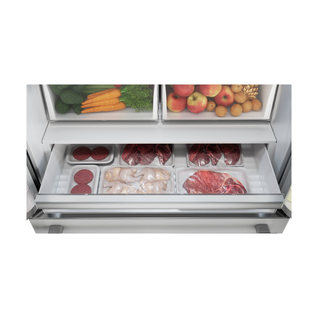 Sharp French 4-Door Counter-Depth Refrigerator (SJG2351FS) top freezer drawer with meats