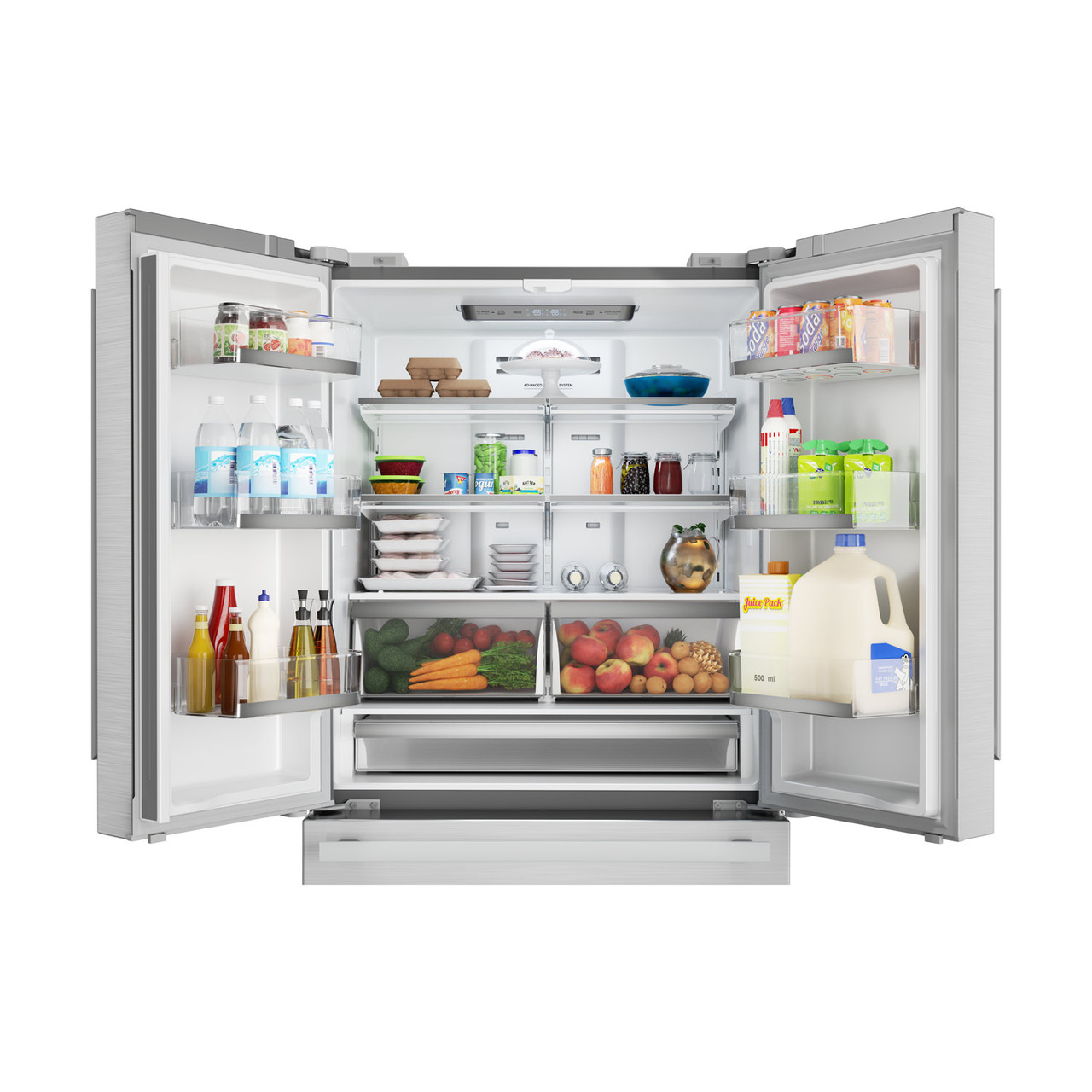 Sharp French 4-Door Counter-Depth Refrigerator (SJG2351FS) top half view with food