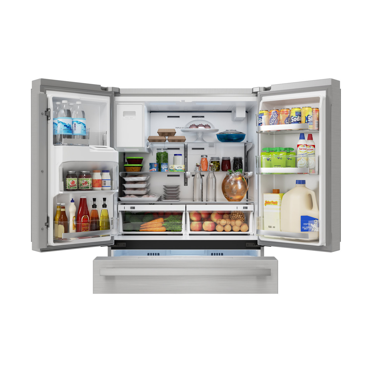 Sharp French 4-Door Counter-Depth Refrigerator with Water Dispenser (SJG2254FS) open door with food
