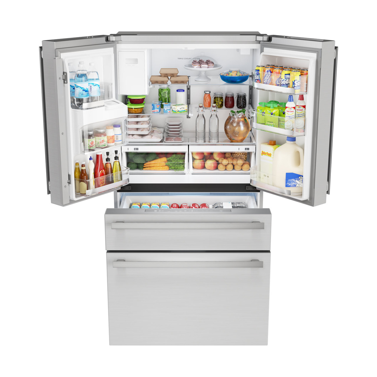 Sharp French 4-Door Counter-Depth Refrigerator with Water Dispenser (SJG2254FS) full view with food