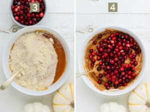 cranberries mixed into other ingredients in a white bowl to make a pumpkin coffee cake