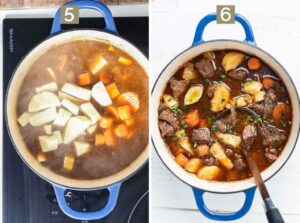 Steps 5 and 6 of Irish Beef Stew being cooked, along with the final dish. 