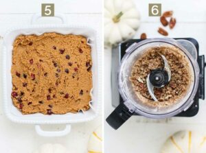 Pumpkin coffee cake in a dish and a food processor creating the topping