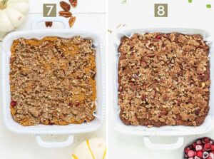 pumpkin coffee cake in a dish with the streusel topping before and after baking
