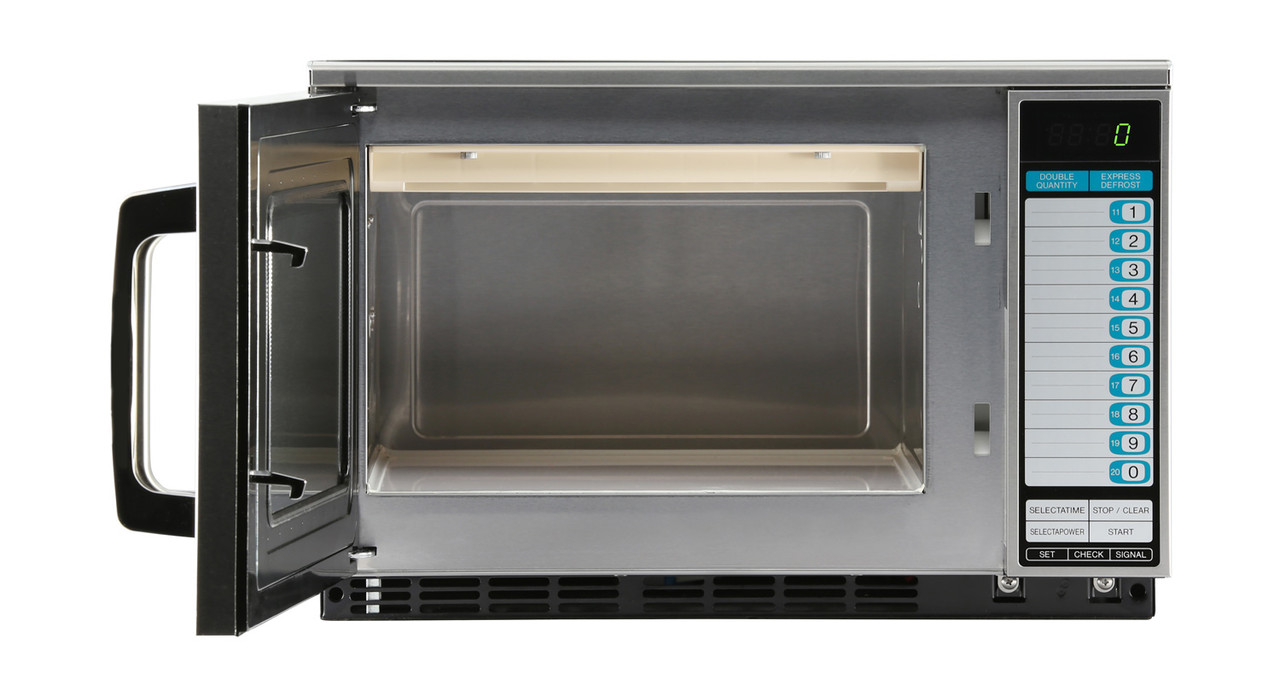 Sharp R22GTF Heavy-Duty 1200 Watt Commercial Microwave Oven – front view with door open