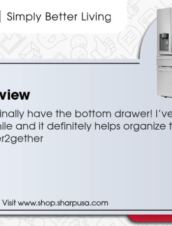 An infographic graphic of a Sharp's customer's review of the Sharp French 4-Door Counter-Depth Refrigerator with Water Dispenser (SJG2254FS)