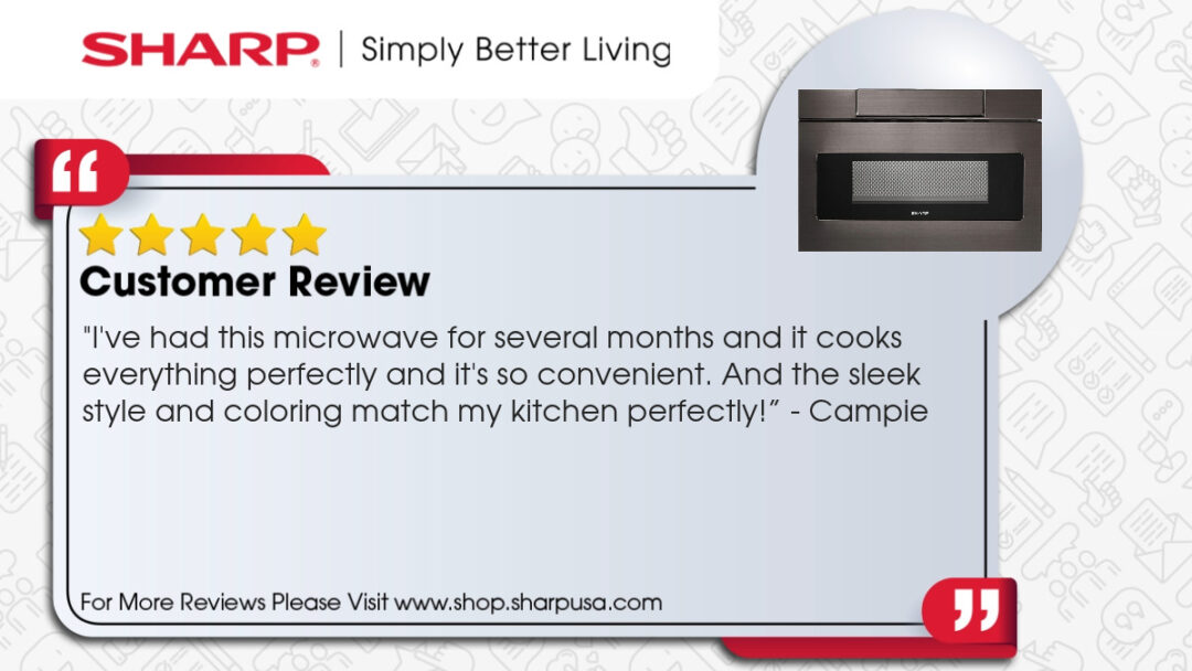 An inforgraphic graphic of a Sharp's customer's review of the Sharp 24 in. 1.2 cu. ft. 950W Sharp Black Stainless Steel Microwave Drawer Oven (SMD2470AH)