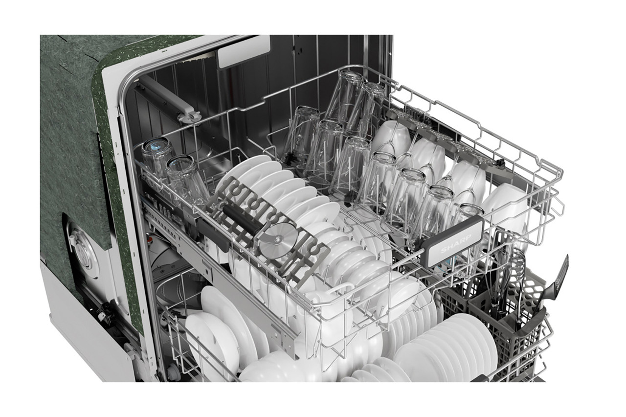 Sharp 24 in. Stainless Steel Dishwasher (SDW6757ES) –  middle rack extended filled with dishes