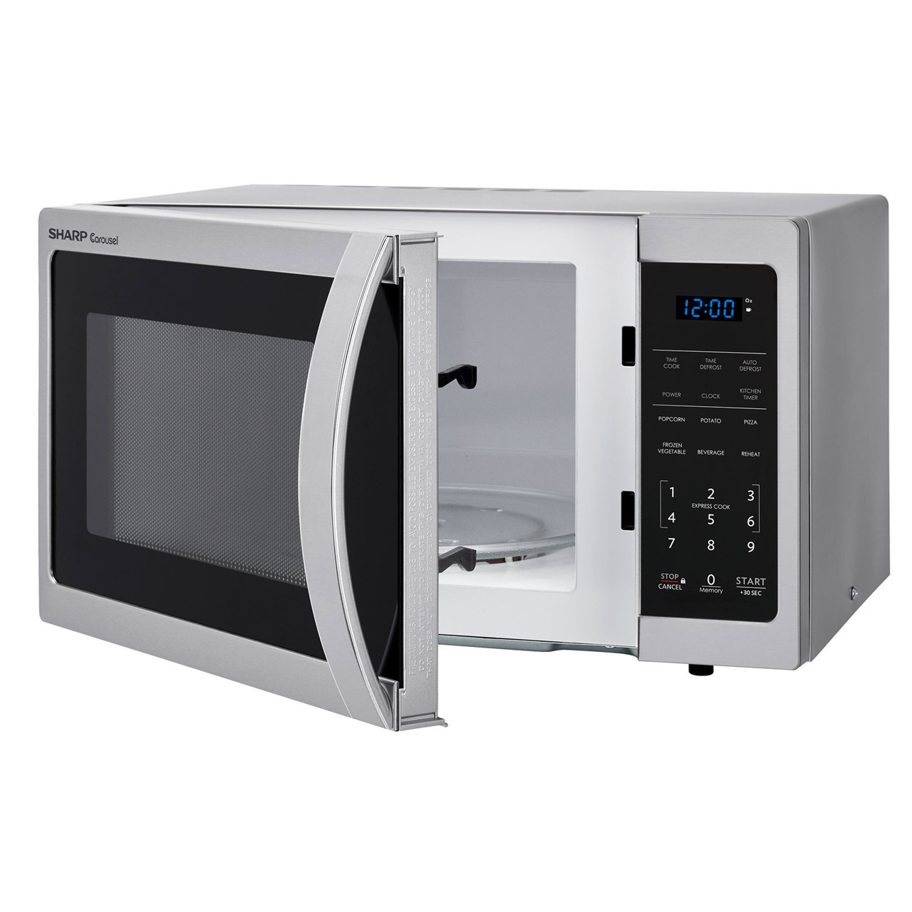0.9 cu. ft. 900W Sharp Stainless Steel Carousel Countertop Microwave (SMC0912BS) – left angle view with door open