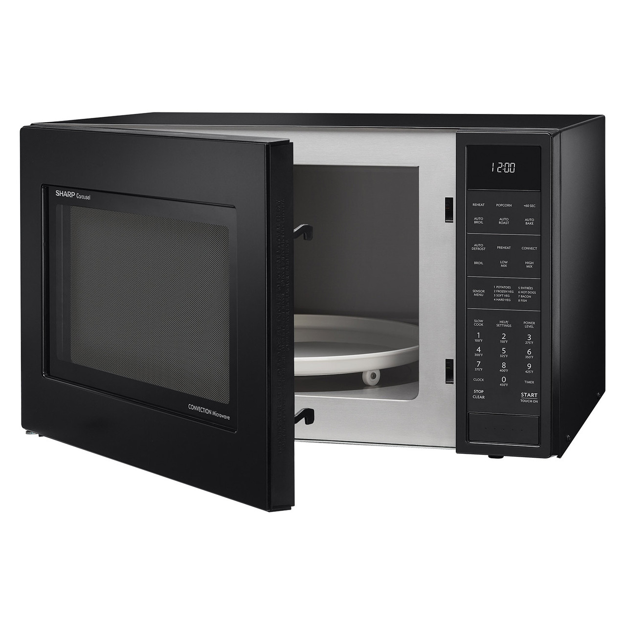 1.5 cu. ft. Sharp Black Carousel Convection Microwave (SMC1585BB) – left angle view with door open