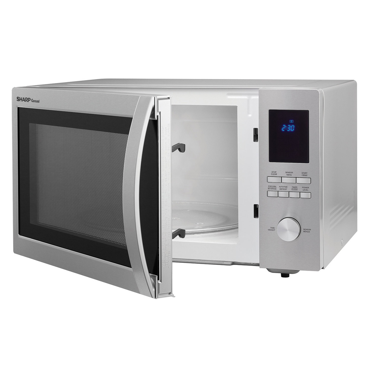 1.6 cu. ft. Sharp Stainless Steel Carousel Countertop Microwave (ZSMC1655BS) – left angle view with door open