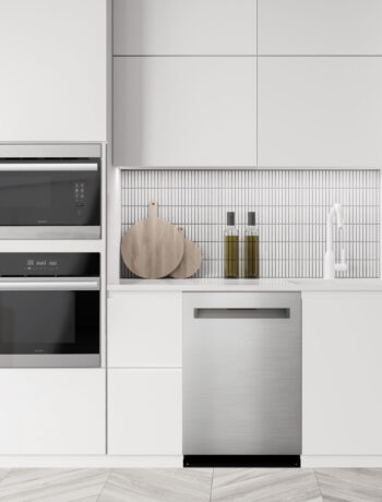 Lifestyle kitchen image with combination appliance, fridge, and dishwasher