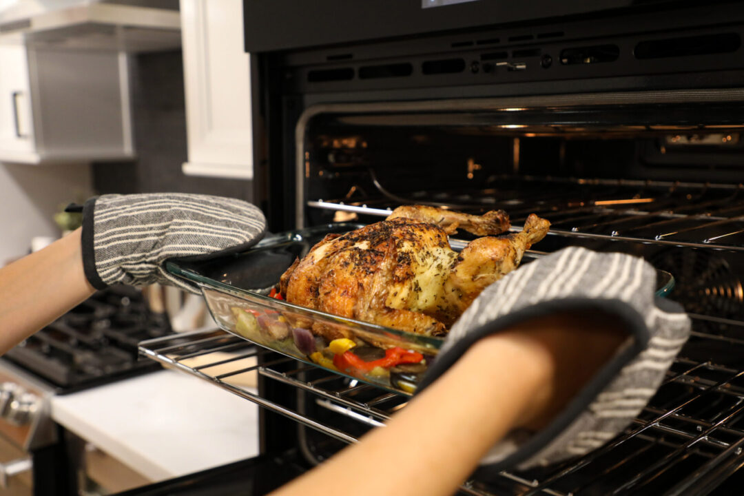 Chicken cooking in a Sharp Smart Convection Wall Oven with Microwave Drawer Oven