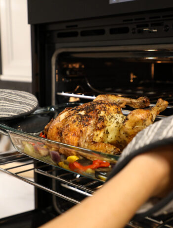 Chicken cooking in a Sharp Smart Convection Wall Oven with Microwave Drawer Oven