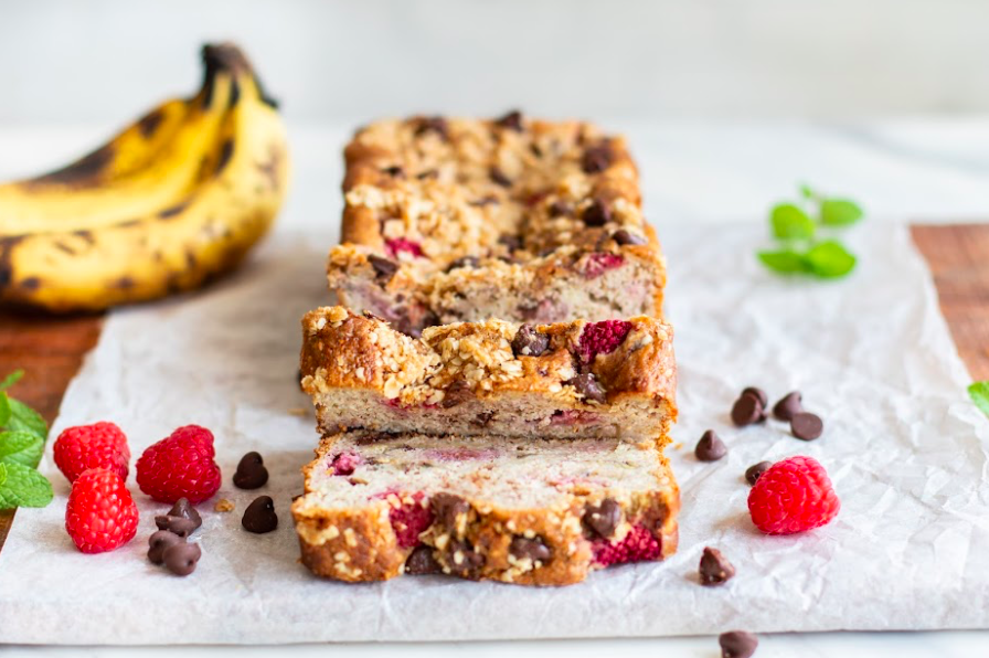 Sunkissed Kitchen GF banana bread with chocolate chips and raspberries