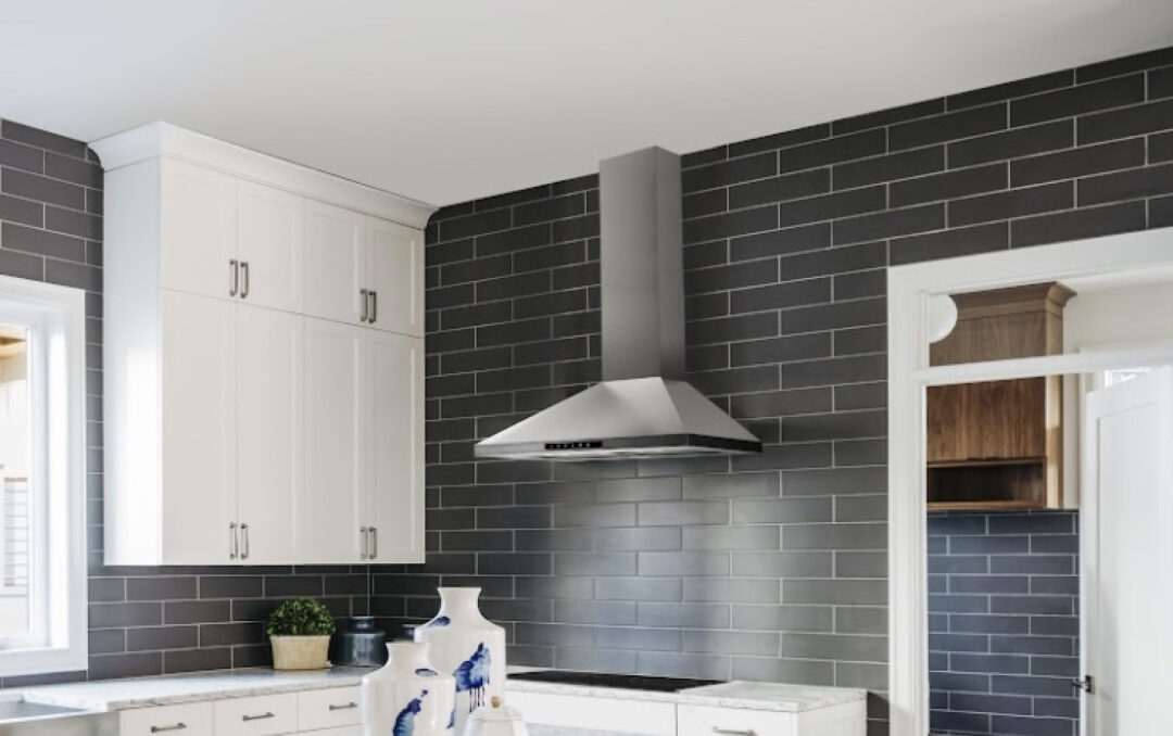 Kitchen with the Sharp Wall Mount Chimney Range Hood.