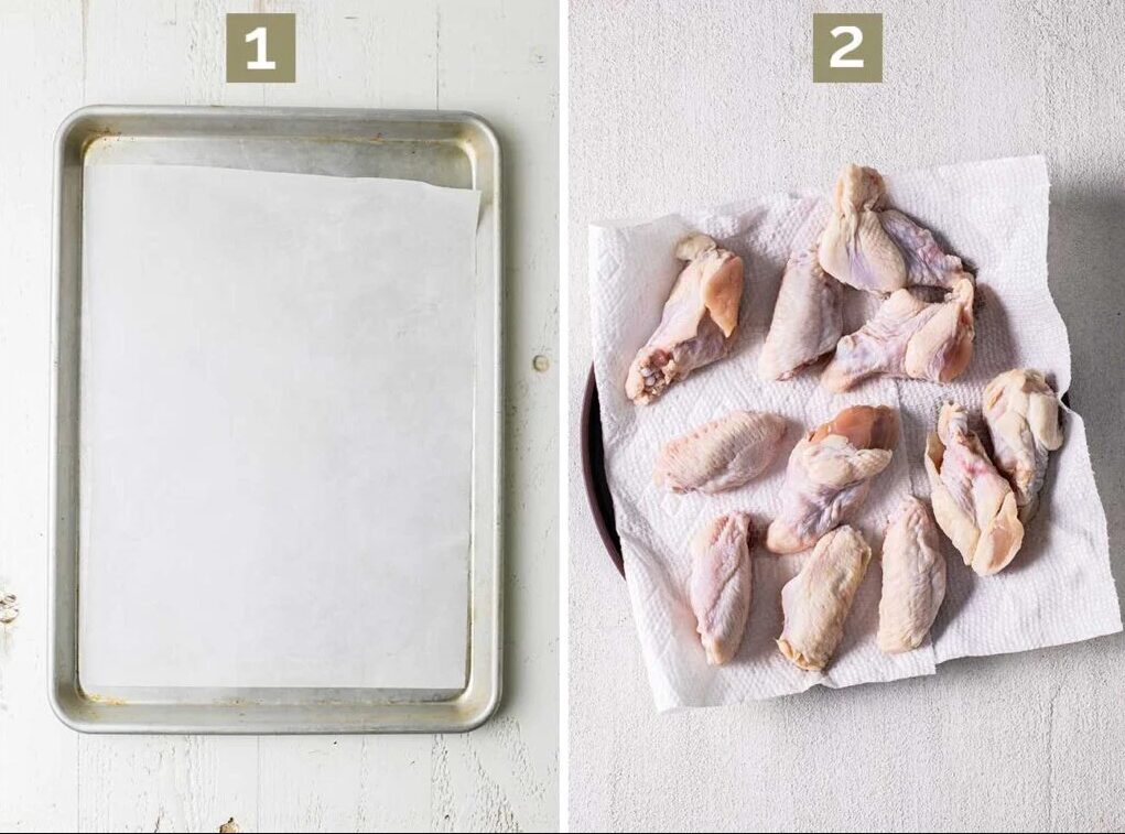 Steps 1 and 2 for Baked Hot Honey Chicken Wings