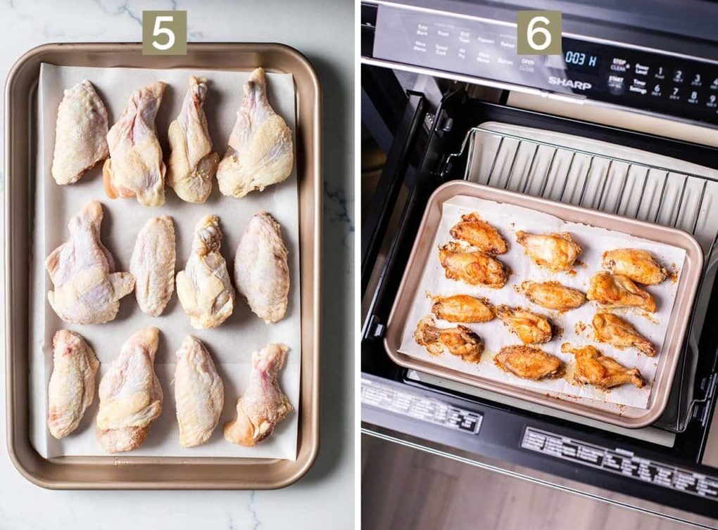 Steps 5 and 6 for Baked Hot Honey Chicken Wings