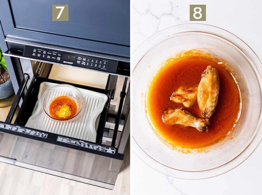 Steps 7 and 8 for Baked Hot Honey Chicken Wings