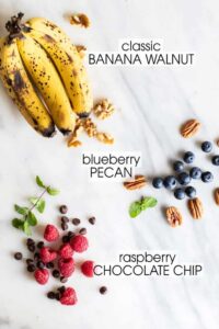 Sunkissed Kitchen banana bread mix-ins - bananas, blueberry, pecans, walnuts, raspberries 