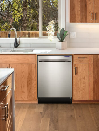 The Sharp 24 in. Slide-In Stainless Steel Dishwasher (SDW6757ES) in a kitchen
