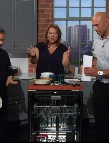 Danny Seo on Twin Cities Live sharing his tips for loading a dishwasher featuring the Sharp 24 in. Slide-In Smart Dishwasher (SDW6767HS).