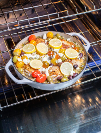 Sunkissed Kitchen's one pan greek chicken and rice recipe cooked on the Sharp Induction Cooktop and Sharp European Convection Oven
